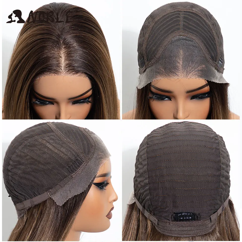 Noble 16-Zoll-Bob-Synthetikperücke mit Lace-Front, 13x3, vorgezupft, freier Scheitel, Ombre Braun-Blond, hitzebeständige Cosplay-Perücke für Damen – Detail 6