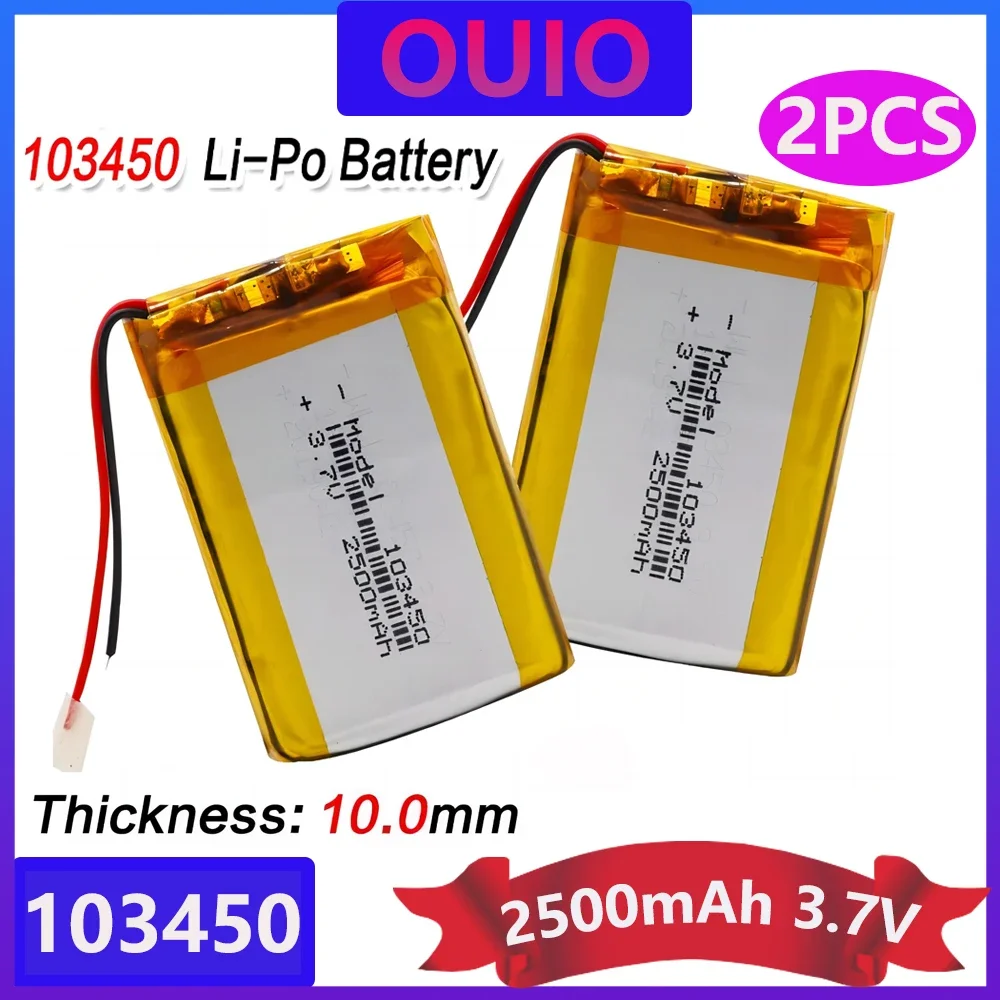 2pcs 3.7V 2500mAh 103450 Lipo Polymer Lithium Rechargeable Battery For GPS Navigator MP5 GPS Bluetooth Speaker Headset E-book