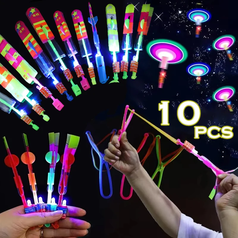 10pcs Children's Arrow Rocket Toy Elastic Outdoor Light Flashing Slingshot Elastic Slingshot Game Kids Elastic Fast Flying Gifts