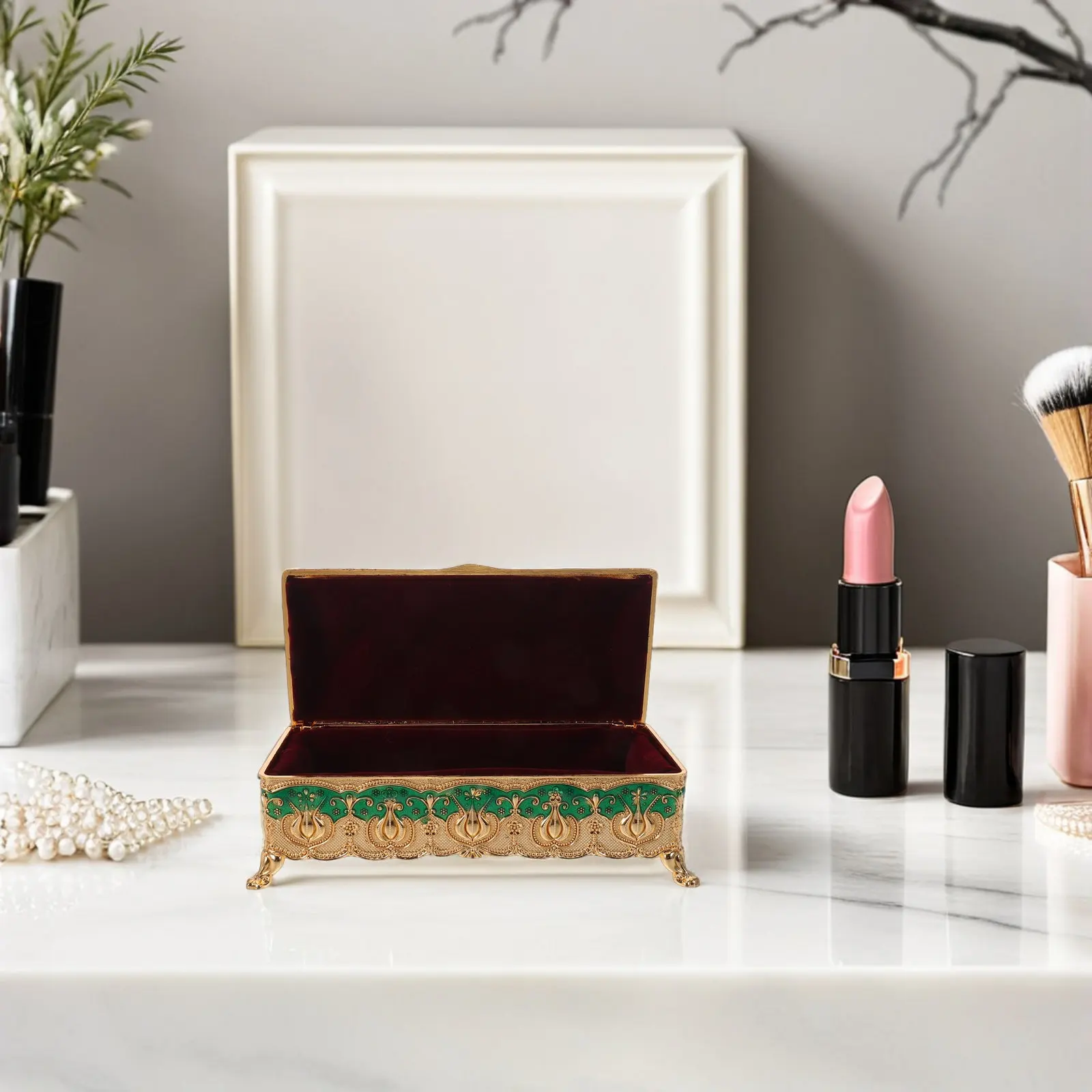 

Vintage Enamel Jewelry Box with Palace Floral Carvings Hinged Lid Rectangular Metal Storage Case for Necklaces Rings Earrings