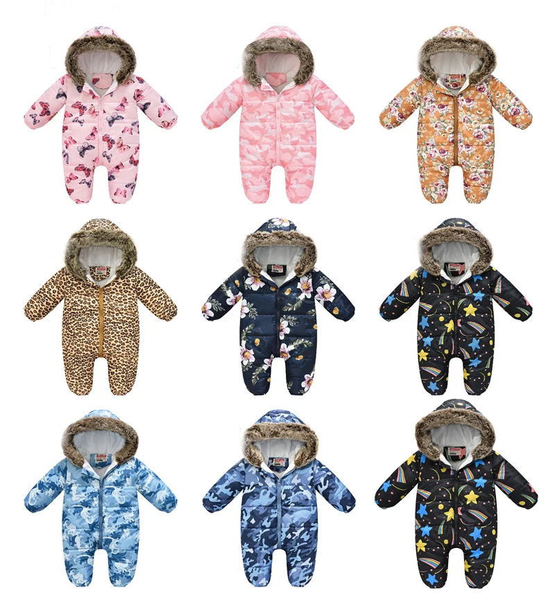 -30℃ Winter Infant Thick Rompers Clothes 2023 New Baby Fur Collar Hooded Overalls Girls Boy Ski Suit Padded Cotton Warm Bodysuit