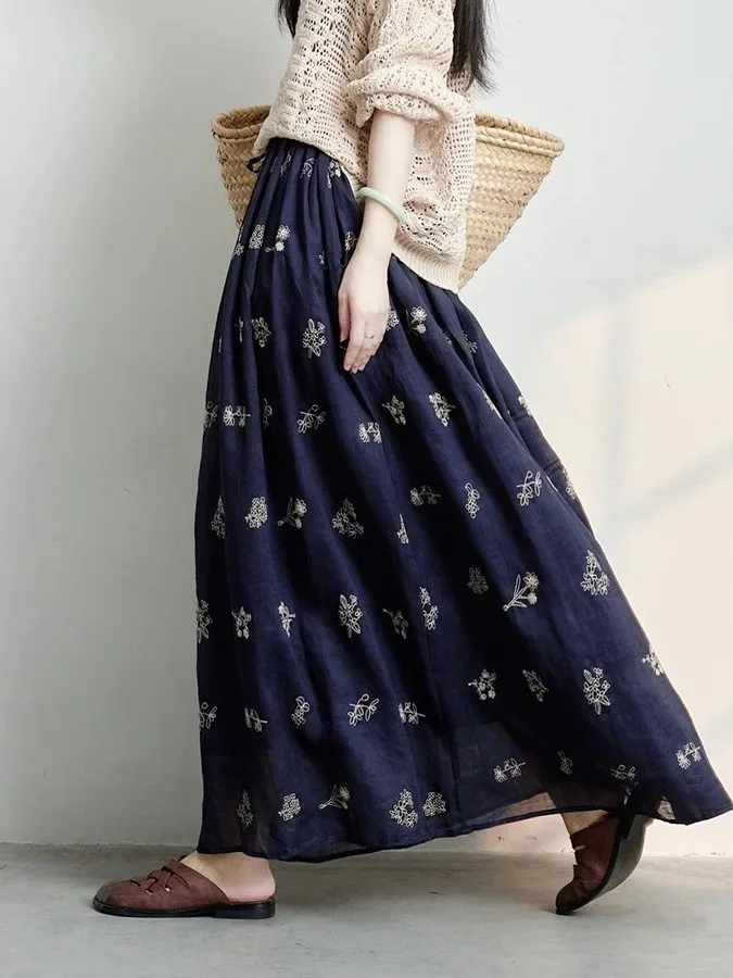 Retro Embroidery Heavy Work Elastic Waist A-Line Skirt Women's Summer New Loose Slimming Half-length Skirts Casual High Waist