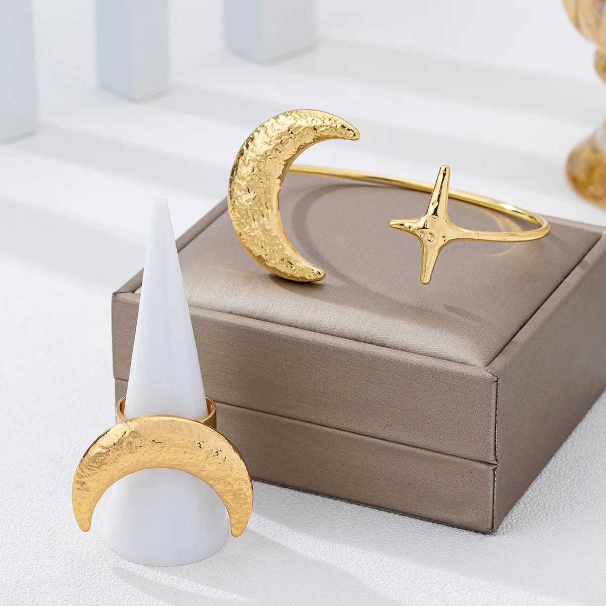 Exaggerated Personalized Creative Moon Texture Open Ring Bracelet for Women Girl Fashion Gold Jewelry Set Holiday Party Gift