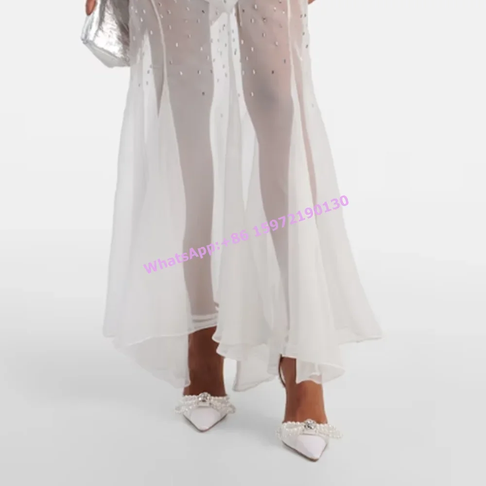 Double Bow Embellished Satin Pumps Peal Chain Ankle Band Thin Heels Pointy Toe Sweet Women's Shoes Summer Runway Luxury Shoes