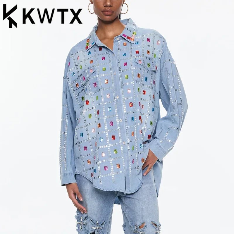 

KWTX 2025 Spring Summer Luxury Denim Shirt Women Solid Color Handmade Collar Elegant Blouse High-Quality Designer Top