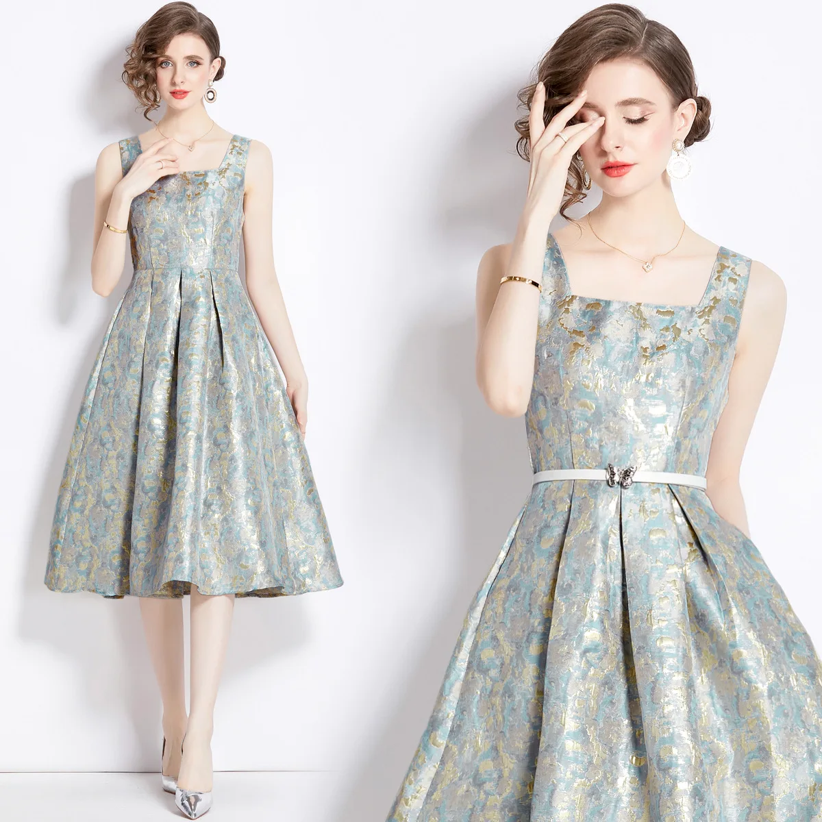 Dress Vintage wanita, gaun Jacquard tanpa lengan leher persegi dengan sabuk gaun koktail pesta Prom