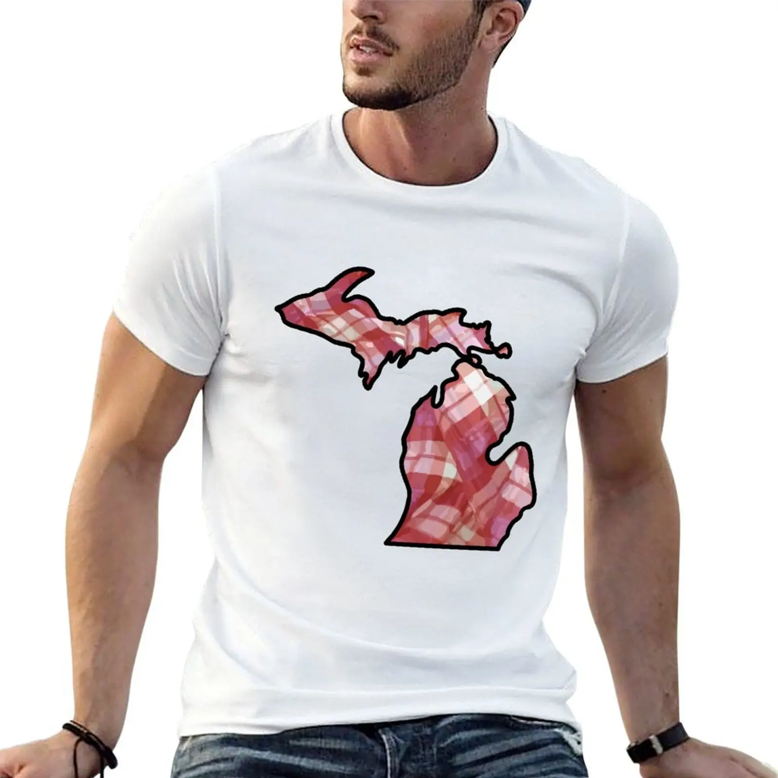 Michigan Color Block: Folded Red Plaid T-Shirt plus size tops anime shirt men clothing