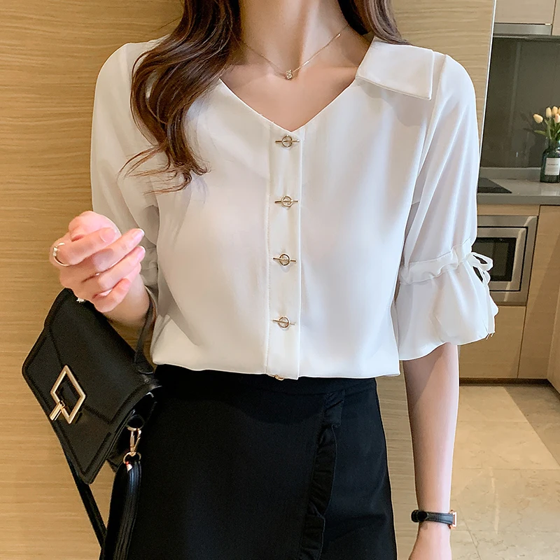 Summer Fashion V-neck Flare Sleeve Chiffon Shirts Vintage Solid Chic Button Commute Blouse Women Clothing Temperament Tops