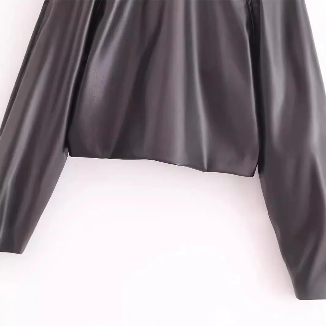 High-Waisted Short PU Leather Jacket European American Style round Neck Single-Breasted Loose Slimming Casual Top for Autumn