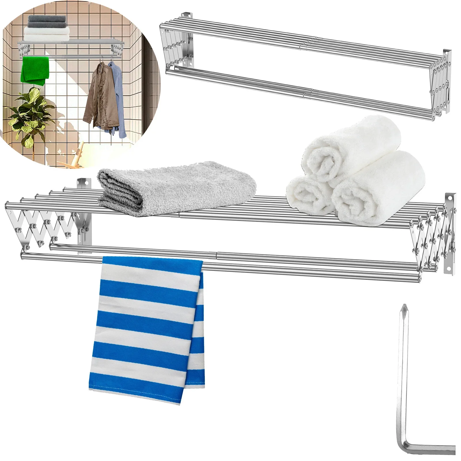 

Folding Clothes Hanger Stainless Steel Wall Mounted Laundry Drying Rack Retractable Towel Drying Rack for Balcony Bathroom