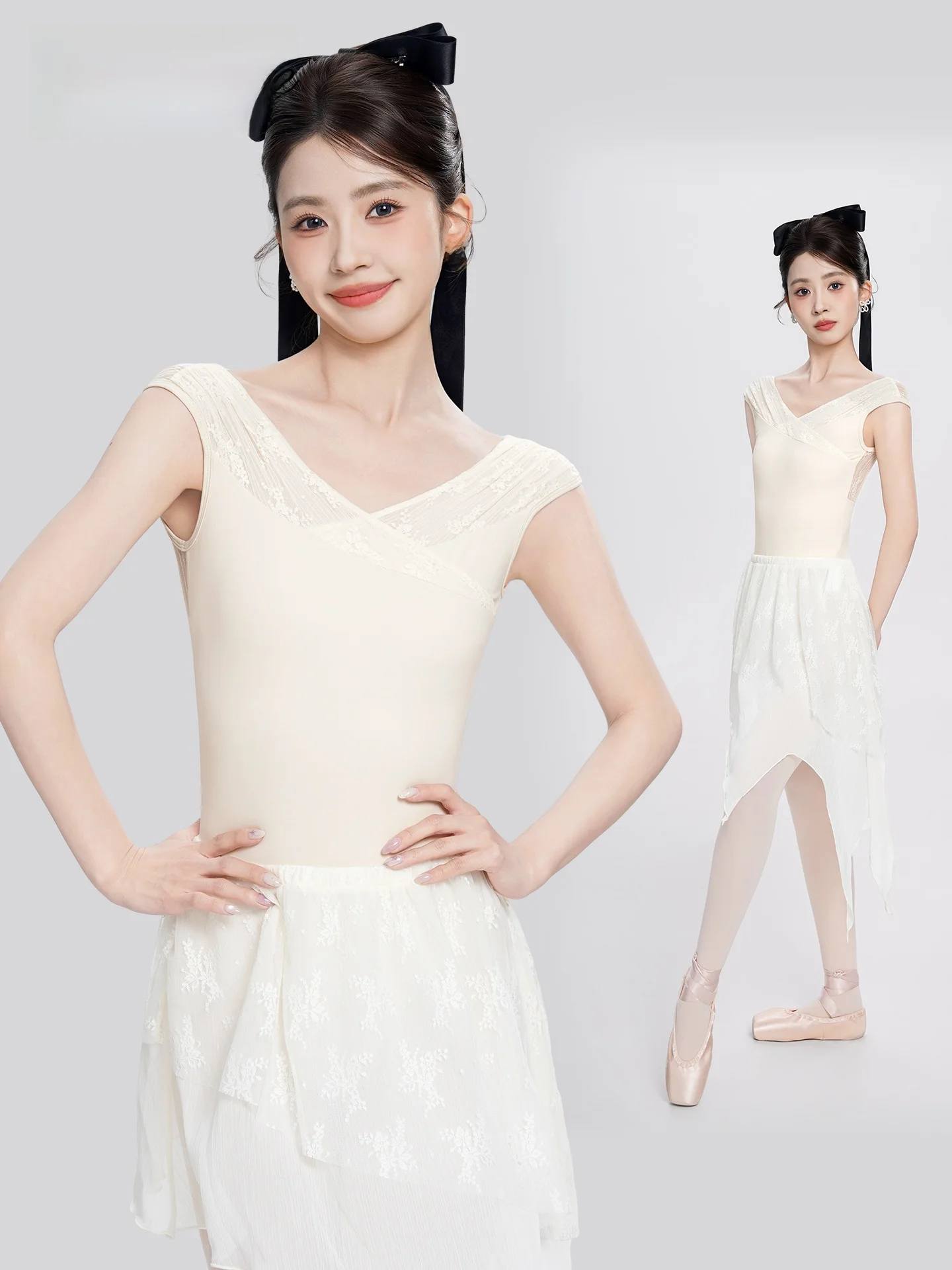 バレエダンススーツ女性の-v-ネックレースパッチワークジャンプスーツノースリーブ練習ユニフォーム大人半袖ダンスヨガフィットネス