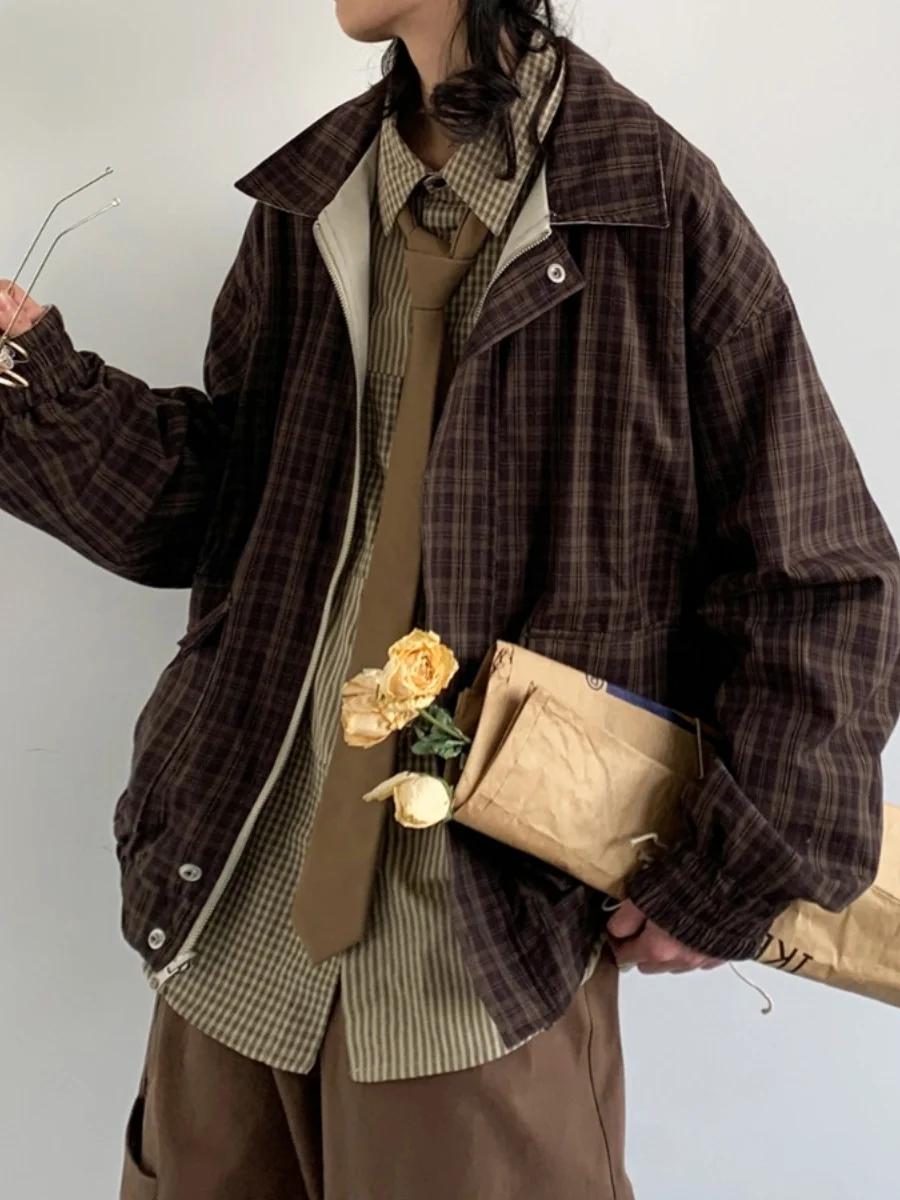 

Retro Japanese Plaid Jaet Men's Loose Lazy Sle Casual Long Sve Coat Double-Sided Wear Polyester Fabric Youth Faion