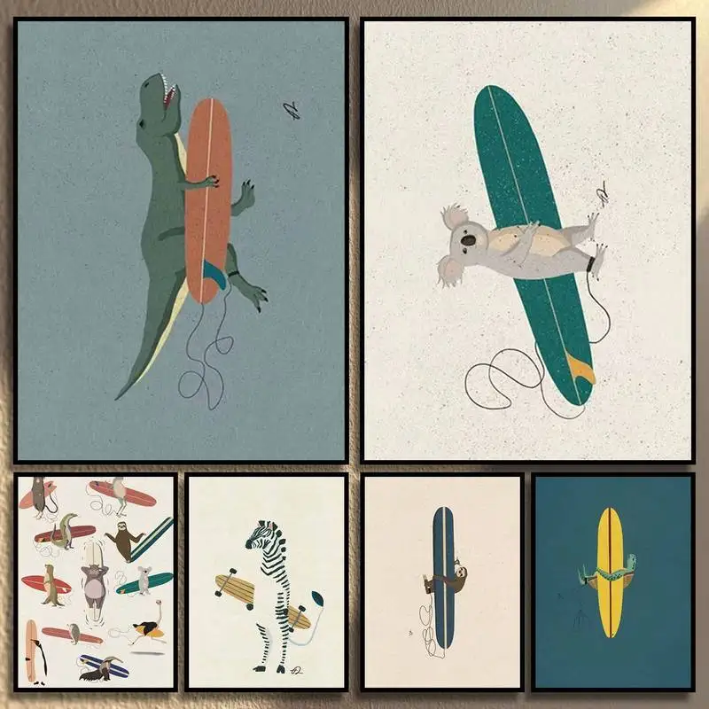 Funny Surfing Animals Posters Canvas Painting Sloth Bear Panda Zebra Fox Poster Home Interior Decoration Living Room Wall Decor