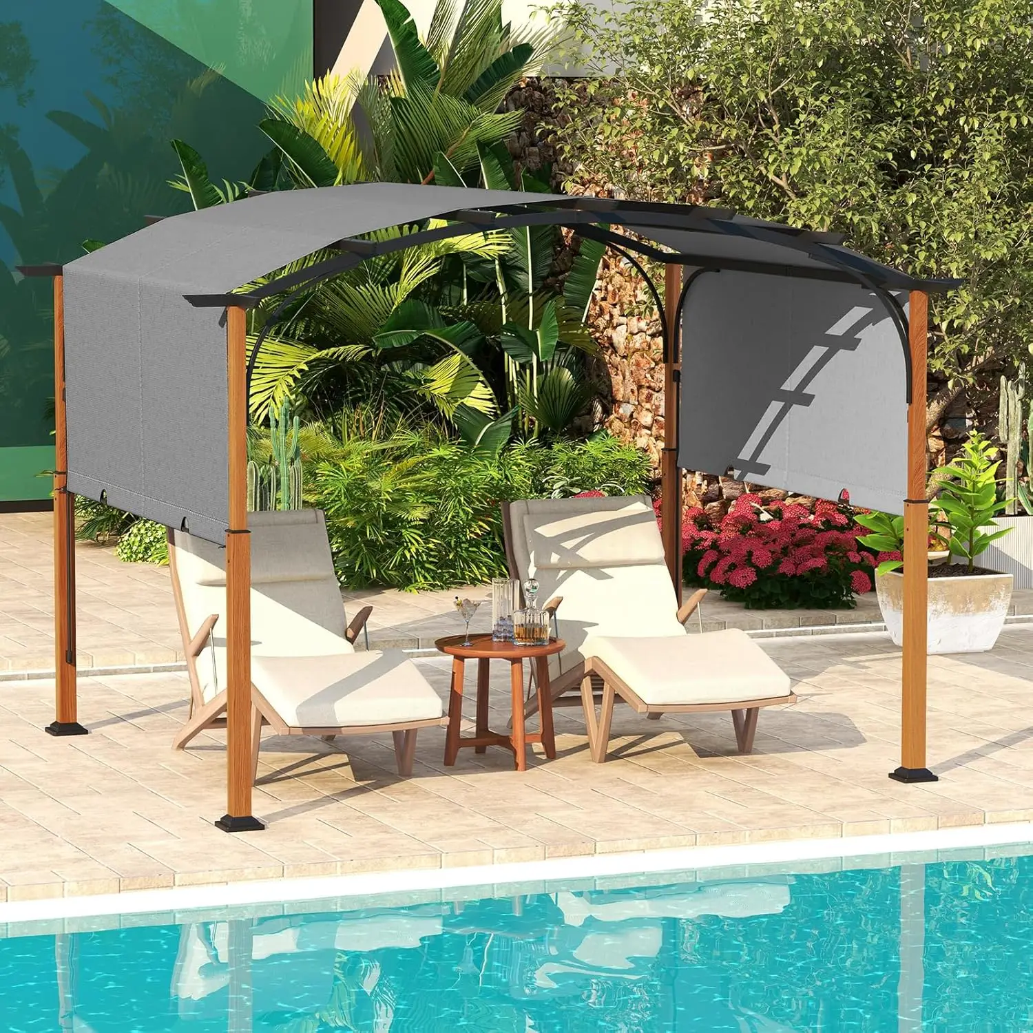 

10x12Ft Pergola, Arched Pergola with Retractable Sun Shade Canopy, Extra Large Shelter Pavilion, Outdoor Pergola f