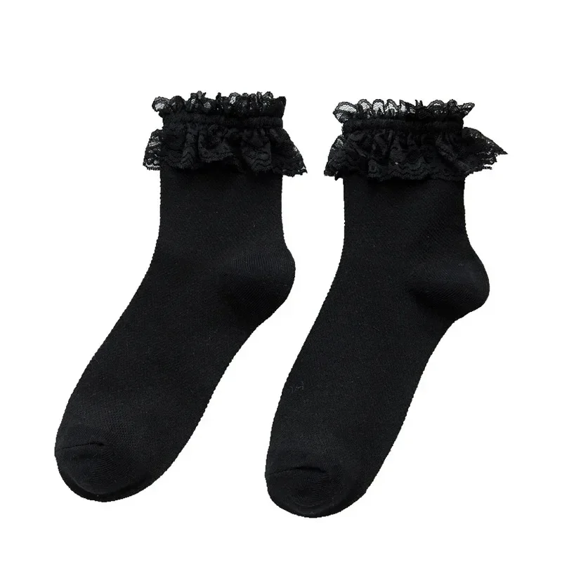 Women Socks Lace Lolita Jk Japanese Style White Black Solid kawaii Girl Cotton Cute Ankle Socks For Famale носки женские