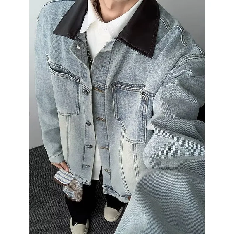 

Осень-зима, мужское джинсовое пальто большого размера из искусственной кожи, повседневное пальто с откидным воротником в американском стиле Sle Long Sve