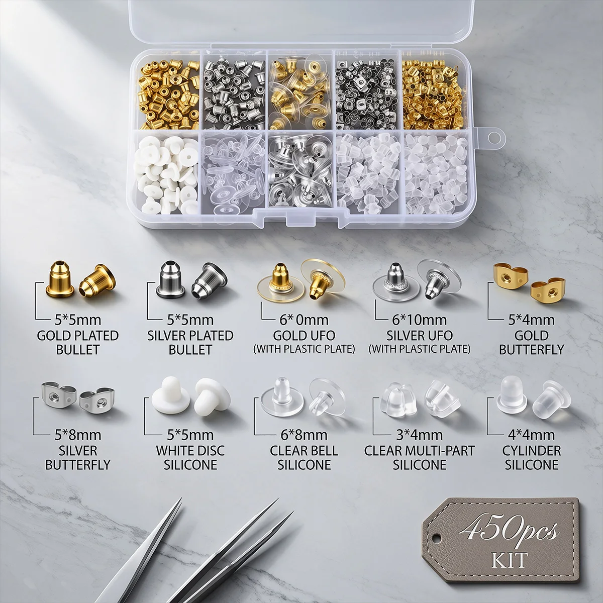 450pcs Silicone & Metal Earring Backs Stoppers for DIY Jewelry Making, Earrings, 10-Grid Organizer Box