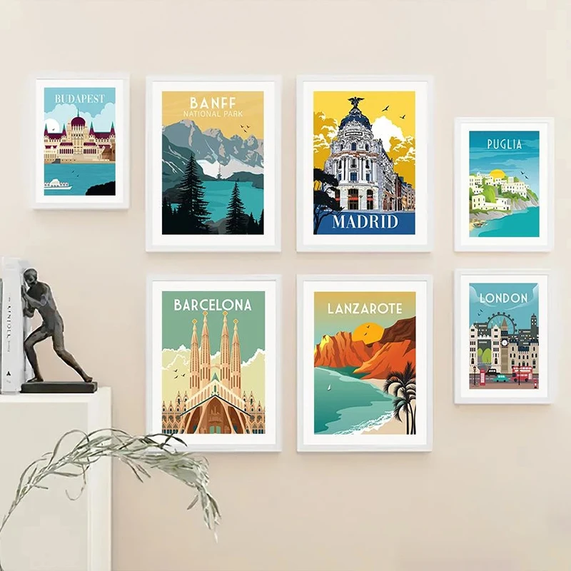 Nordic Cartoon Tourist City Landscape Poster Madrid London Monaco Dublin New Zealand Poster Canvas Print Home Decoration