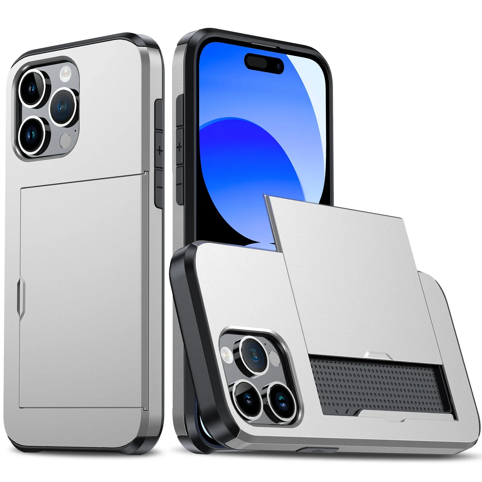 iPhone 17 Pro Max, 16 Pro Max, 17e, 15, 14, 13, 12, 11 hoesje met portemonnee, kaarthouder, schuifvak, dun, hard PC, heavy duty beschermhoes