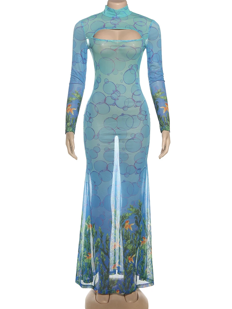 Chatte bizarre voir à travers la robe Sexy femmes creux Hipster imprimé coloré maigre Stretch minuit fête Clubwear queue de poisson moulante