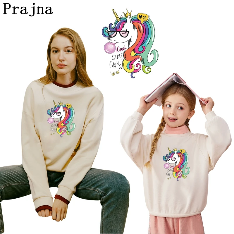 Prajna Unicorn Applique Animal Iron-On Transfers For Clothing Stickers Cartoon Girl Thermal Heat Transfer For Kids Clothes DIY