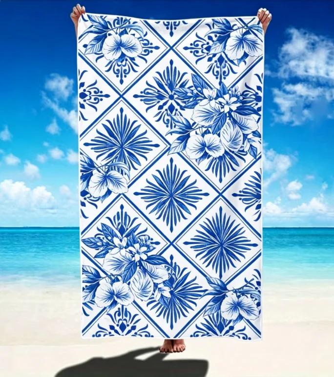 Mediterranean Lemon Print Beach Towel, Microfiber Large Sand Free Quick Dry, Blue Tile Pattern, Soft Absorbent