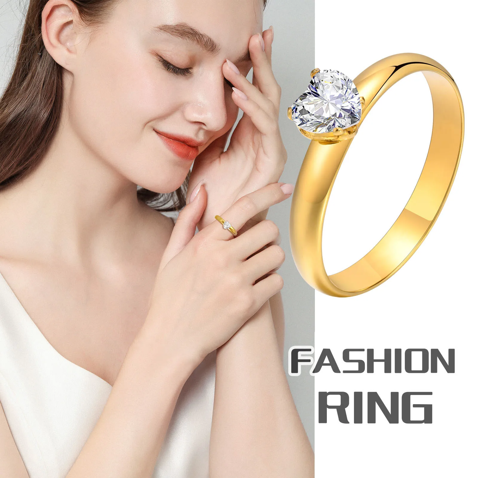 Vnox Classic Heart CZ Stone Engagement Rings for Women, Waterproof Gold Color Stainless Steel Wedding Bands Jewelry