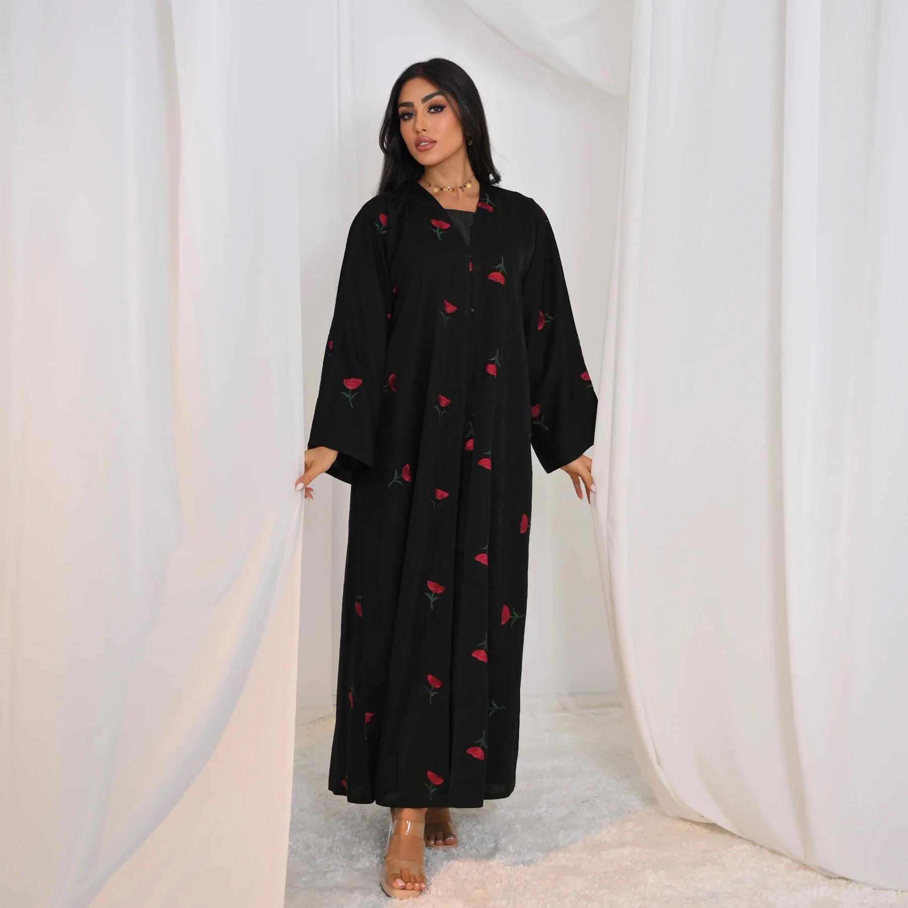 Abaya Dubai con ricamo a fiori completi per donna, abito da donna musulmana Abaya Kimono aperto sul davanti, abbigliamento islamico Ramadan Eid Hijabi