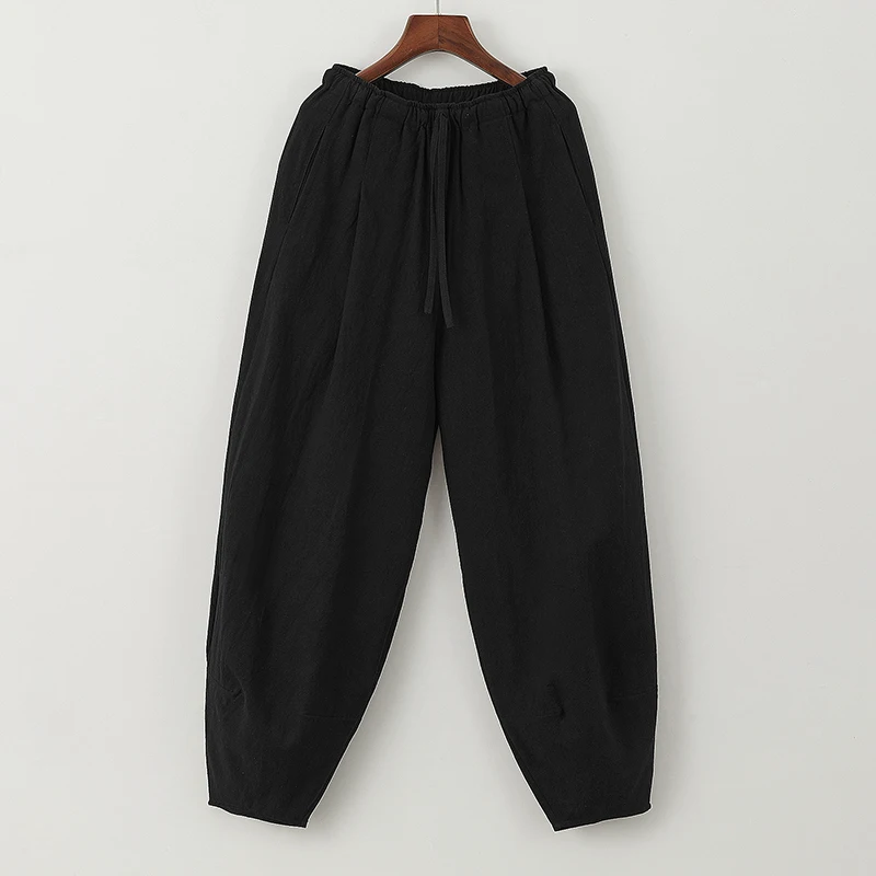 Autumn Mens Cotton Wide Leg Pants Men Solid Color Oversized Jogger Trousers Male Elastic Waist Streetwear Hanfu Linen Pants