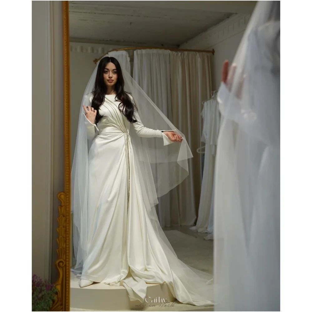 Cathy White Veil Soft Satin Beading Decoration Wedding Dresses A-line vestidos de noche Long Sleeves Customized Formal Evening