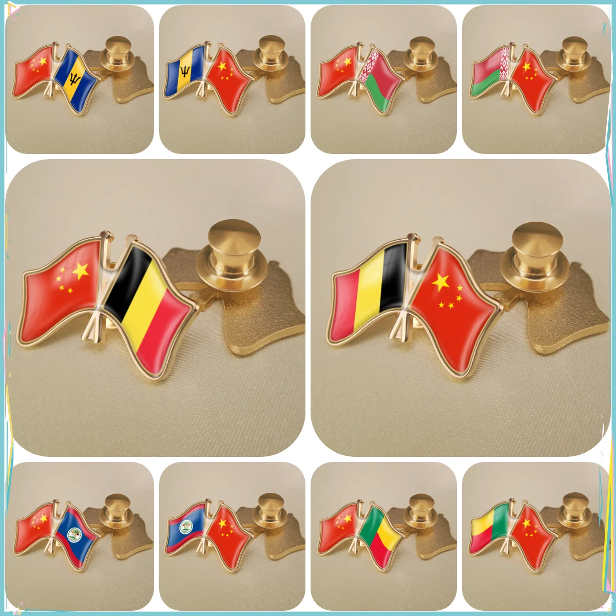 China and Barbados Belarus Belgium Belize Benin Crossed Double Friendship Flags Lapel Pins Brooch Badges