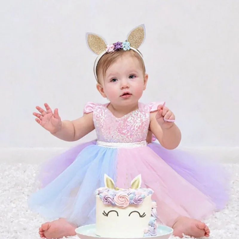 Summer Baby Dress Toddlers Girls Mesh Rainbow Color Sequined Short Sleeve Princess Dresses Children Party Birthday Clothing6M-3Y