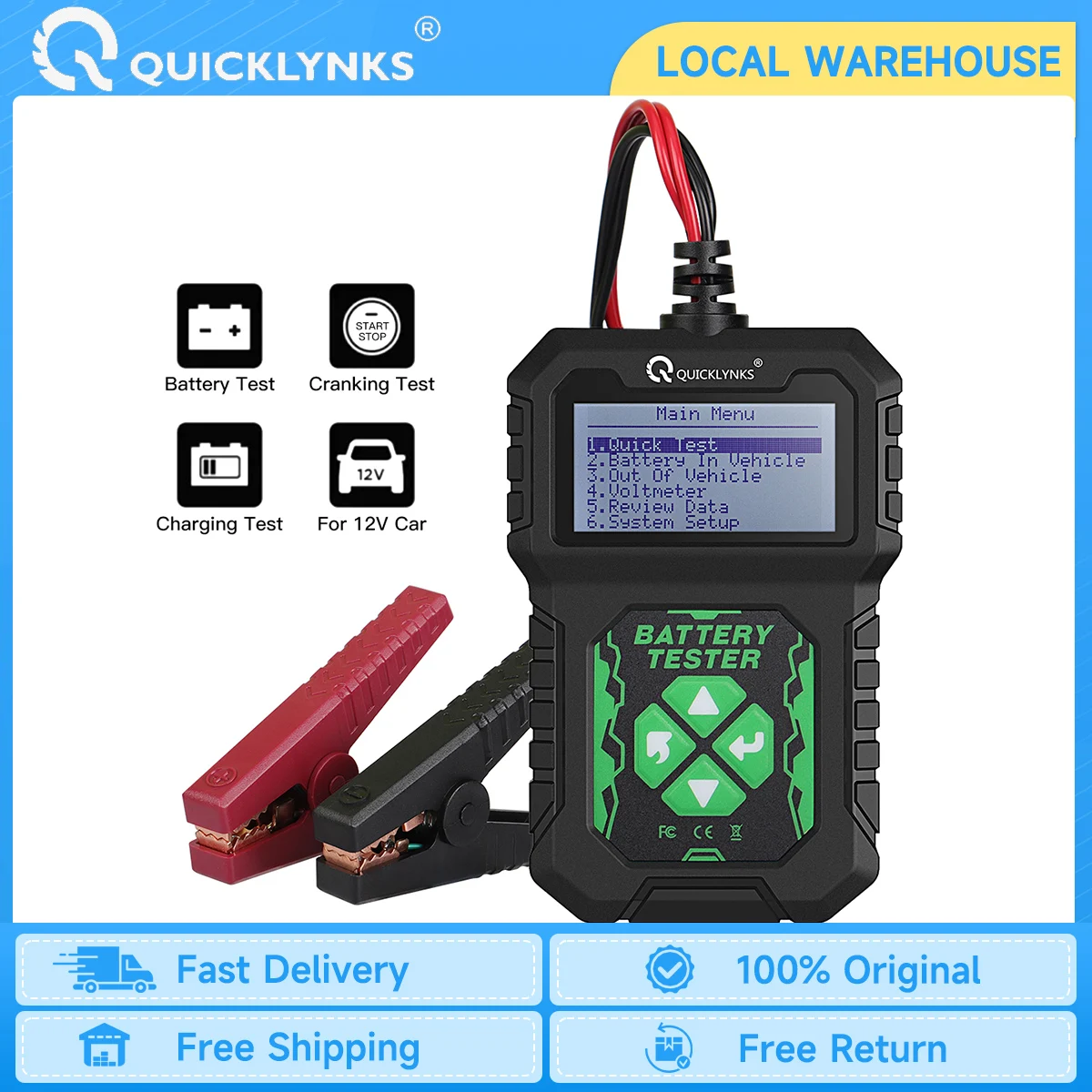 

QUICKLYNKS BA107 Car Battery Tester 12V 100-2000CCA Cranking Charging System Tester Auto Battery Analyzer Battery Tools PK KW208