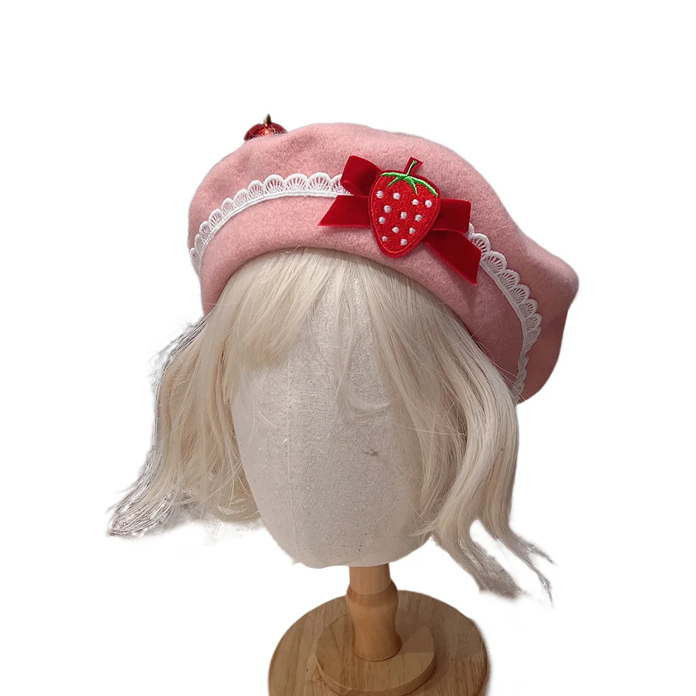 Girl Pink Beret Anime Women Bow Strawberry Wool Hat Winter Warm Sweet Painter Hat Halloween Cosplay Accessories Headwear