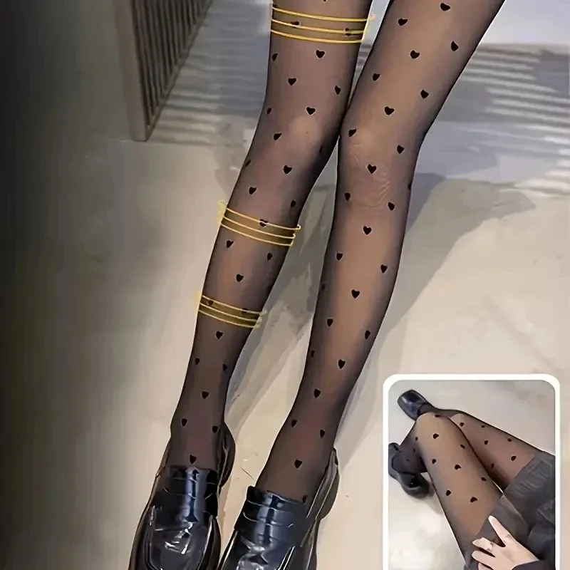 

Women Heart Print Fleece Tights Warm Winter Pantyhose Sexy Translucent Stockings Thermal Elasticity Panty Retro Leggings Female