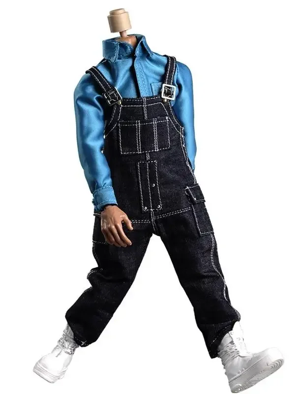 1/6 Scale Male Blue Shirt Suspender Jeans Solid Shoes Casual Clothes Set Model for 12'' Soldier Action Figure Doll Gift Display