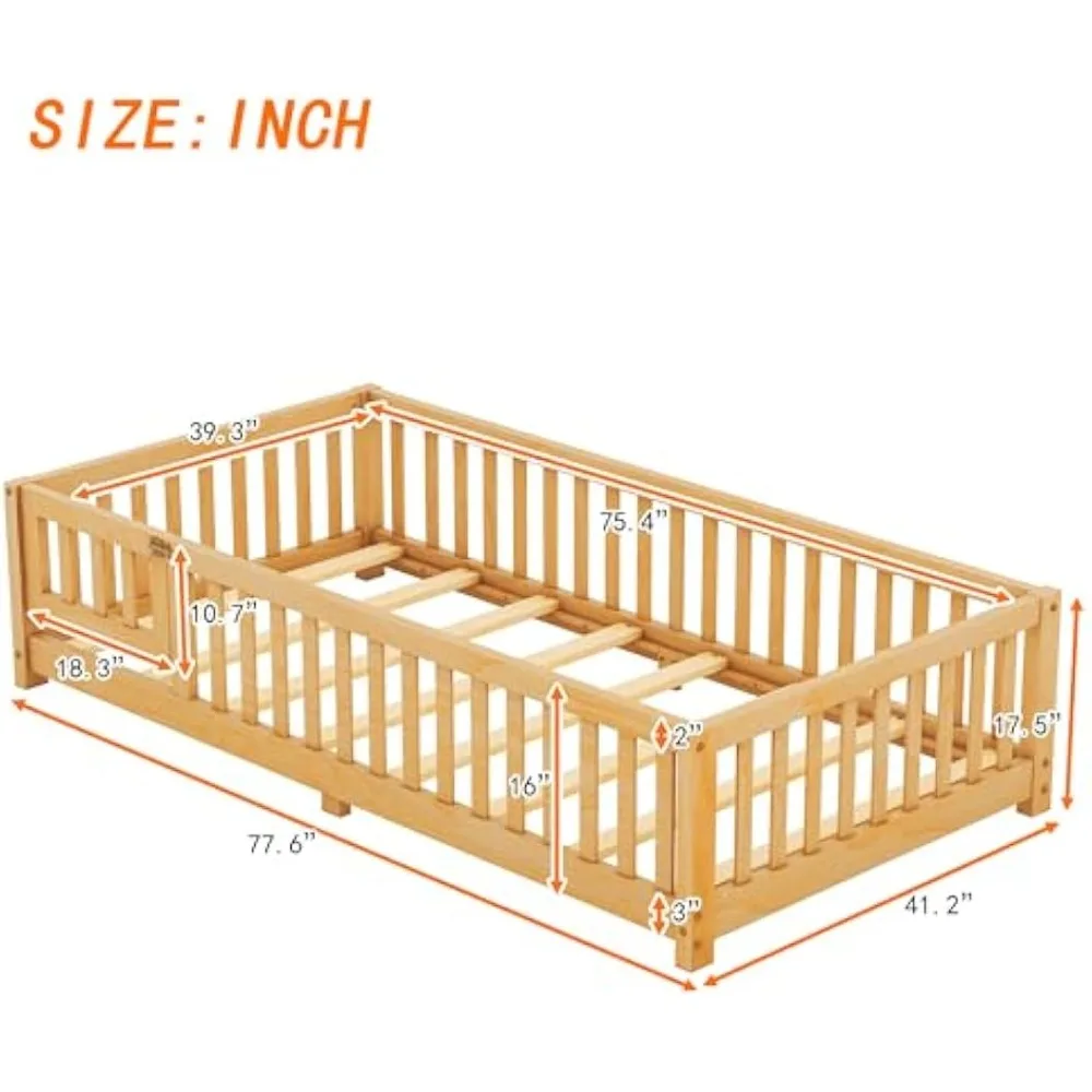 Twin Natural Floor Bed with Slats and Center Support Bar, Kids Montessori Bed with Fence and Door