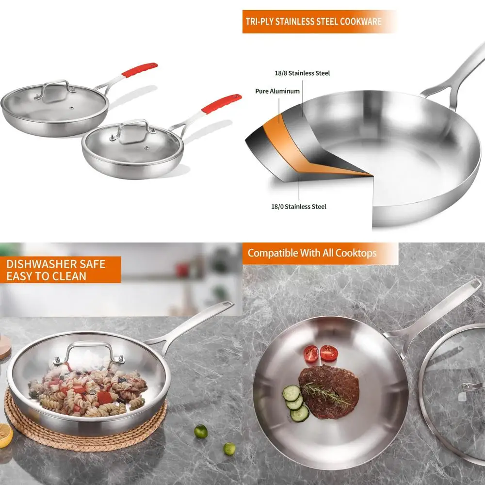 

Stainless Steel Frying Pan Set with Lid, 8 and 10 Inch Induction Skillets, Chef's Pan and Pots, Kitchen Cookware Set, Perfect fo