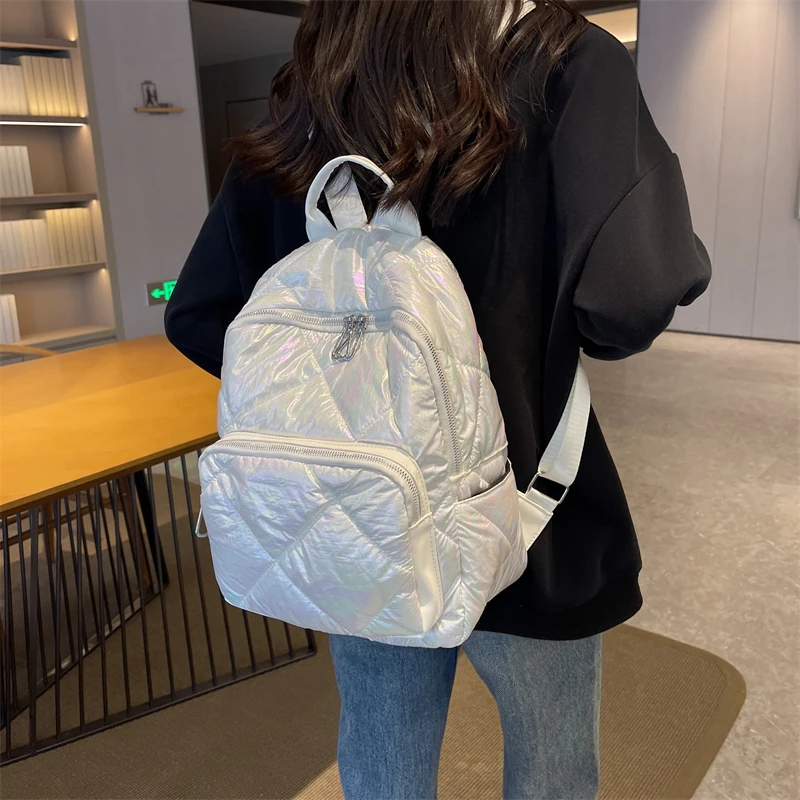 Winter Ultra Light Space Down Women Backpack Female School Bag Large Capacity Luxury Pearly Lustre Quilted Plaid Dailytravel Bag