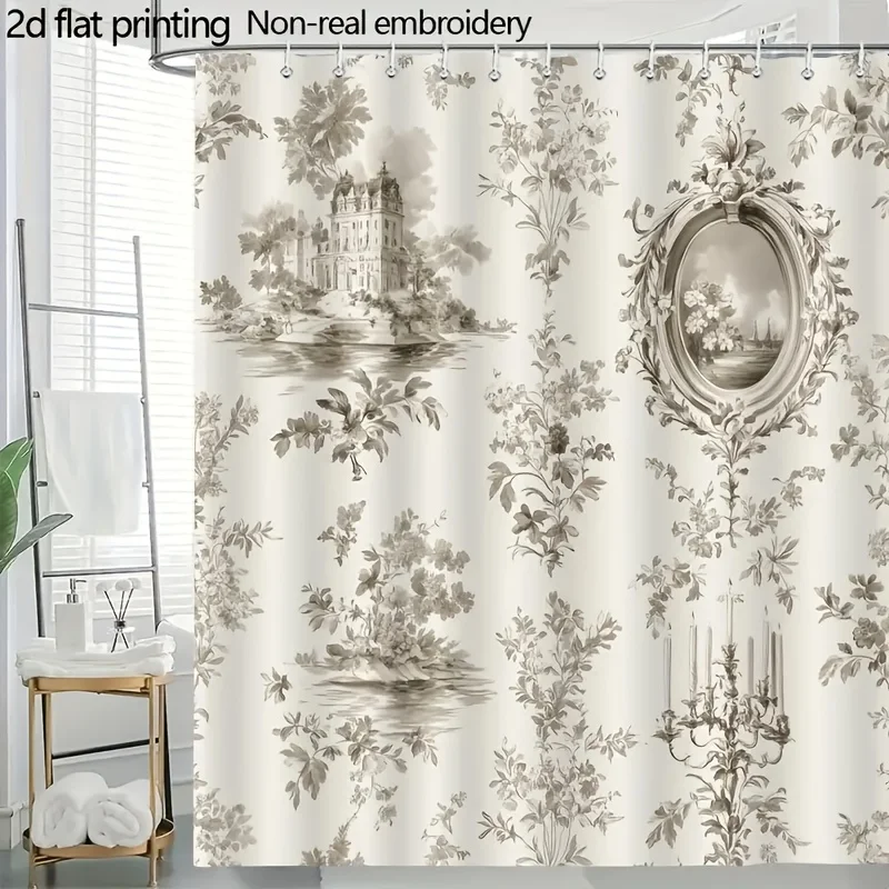 1pc Retro Elegant French Court Style Shower Curtain, Featuring French Castles, Exquisite Flowers, Vintage Frames, Candlesticks,
