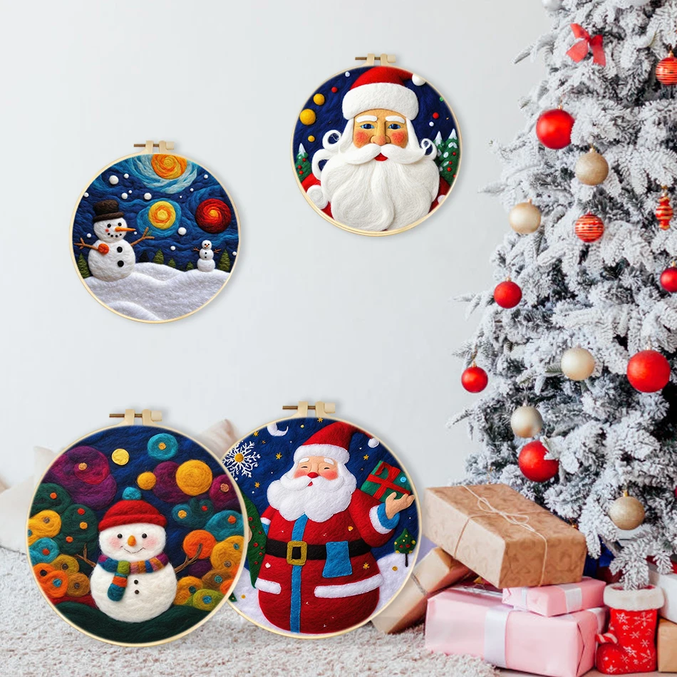 RUOPOTY Wool Felting Kit Craft Supplies Christmas Snowman Santa Claus Embroidery Frame Wool For Knitting Cross Stitch Handicraft