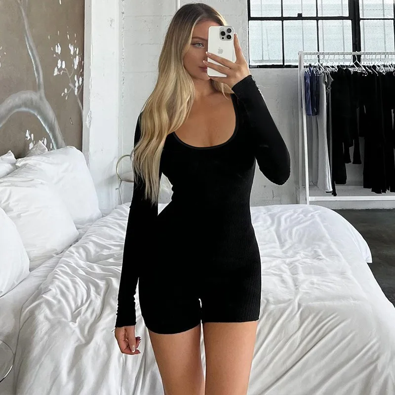 Autumn Black Playsuits For Women New Fashion Bodycon Long Sleeves O-Neck Rompers Casual Streetwear Sexy Sports Fitness Overall