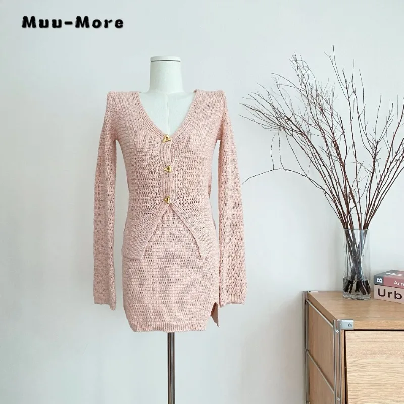 

2023 Autumn Elegant Sexy Luxury Style 2 Piece Set Women Long Sleeve V-neck Cardigan + A-line Skirt Pink Two Piece Skirt Set