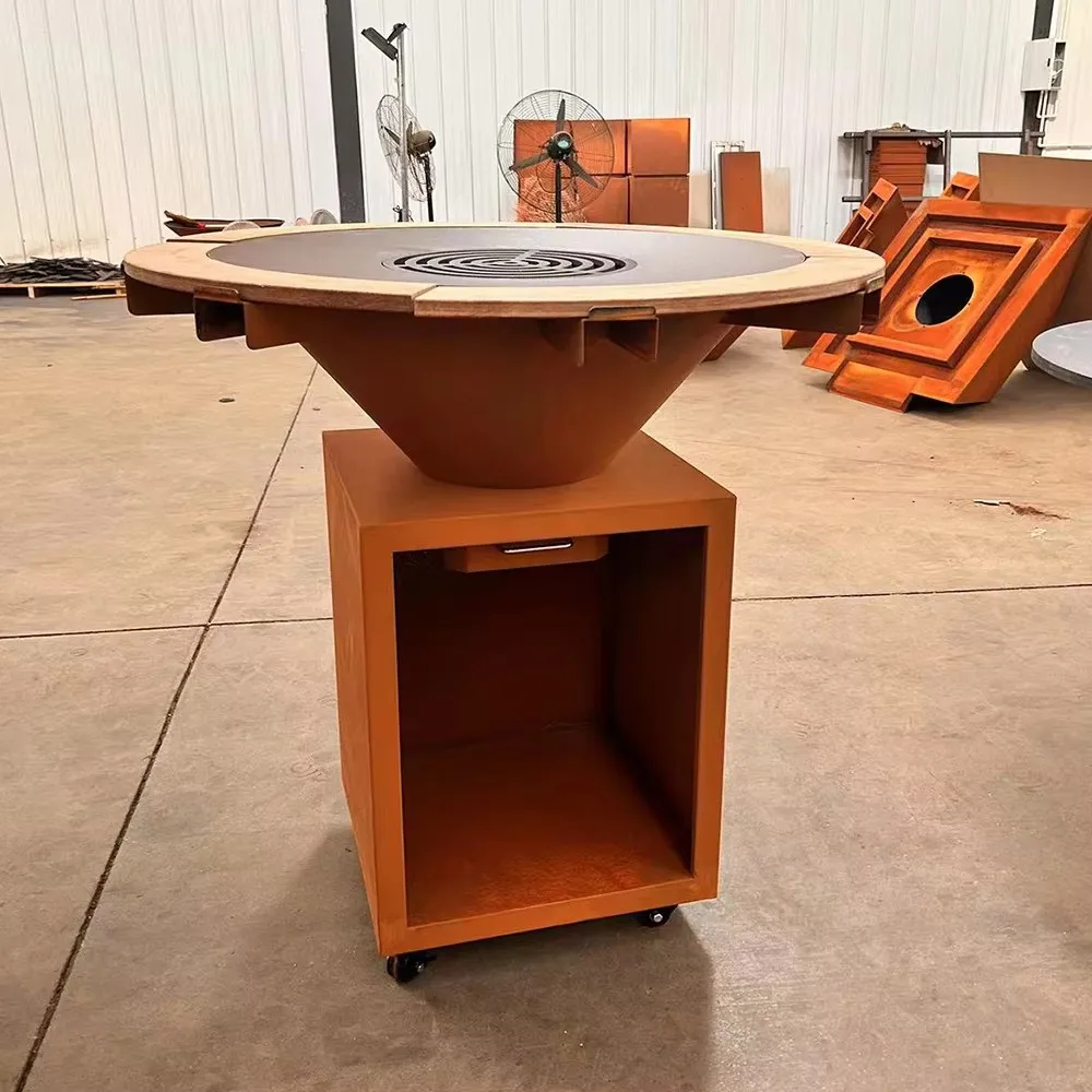 Modern Outdoor Corten Steel Fire Pit BBQ Grill with Trolley-Easily Assembled for Backyard Use