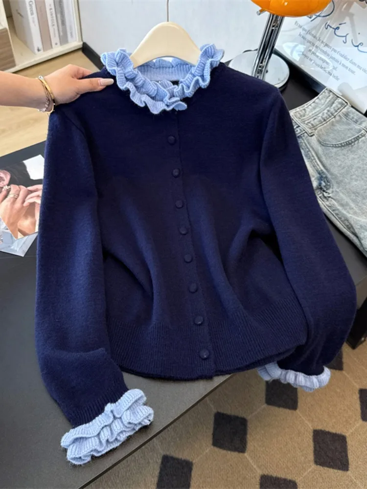

Women 2025 New Autumn Sweet O-Neck Long Sleeve Sweater Jacket French Style Gentle Ruffles Collar Knitted Cardigan
