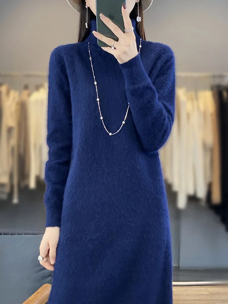 Aliselect 100% Mink Cashmere Knitted Dress Women High Lapel Fasion Sweater Pullover Turn-down Collar Cashmere Knee Length Dress