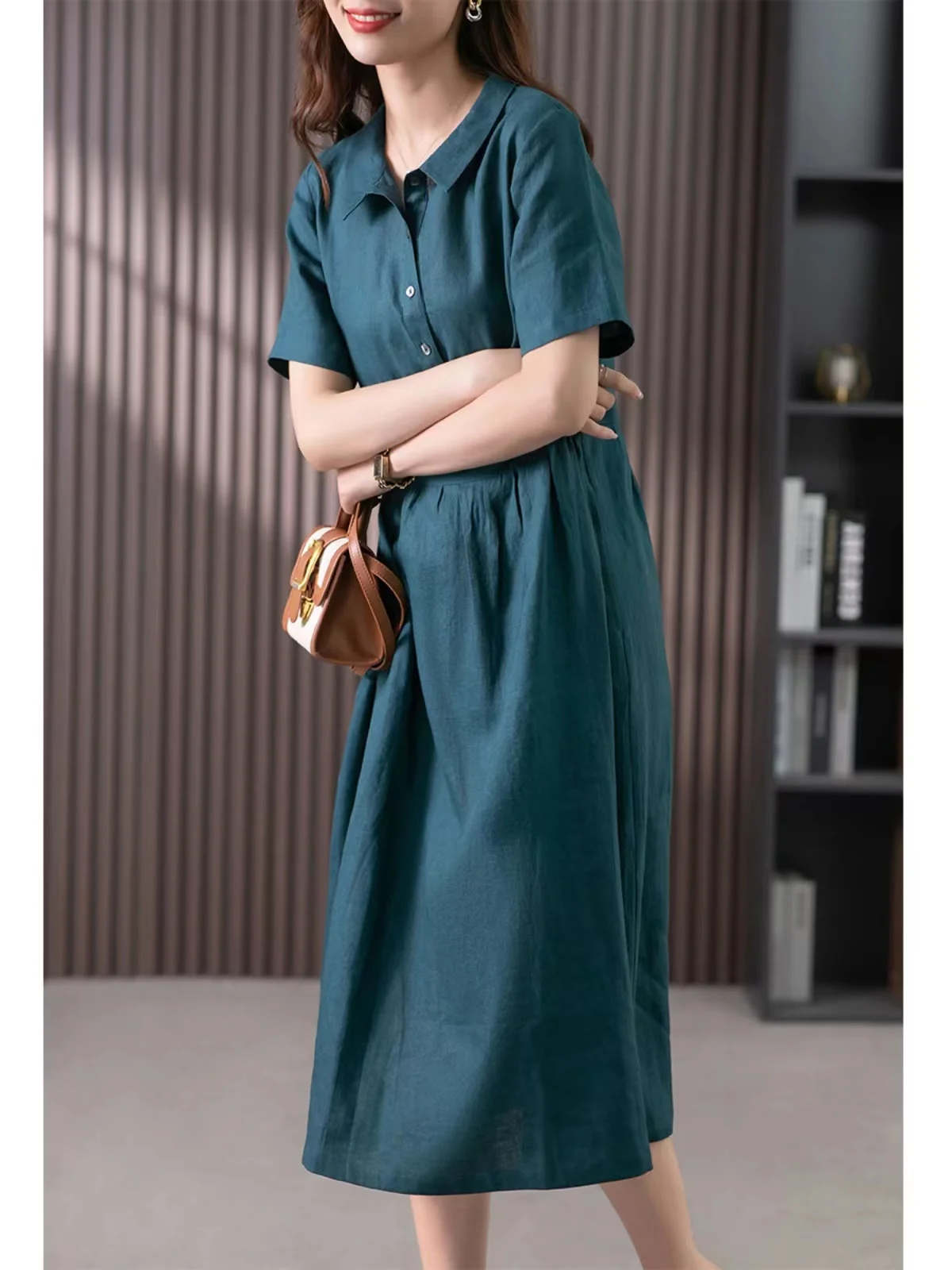 New Cotton Linen Korean Style Women's Dress Short Sleeve Shirt Collar Artistic Retro Long Skirt Spring Summer Fashion Ladies'...