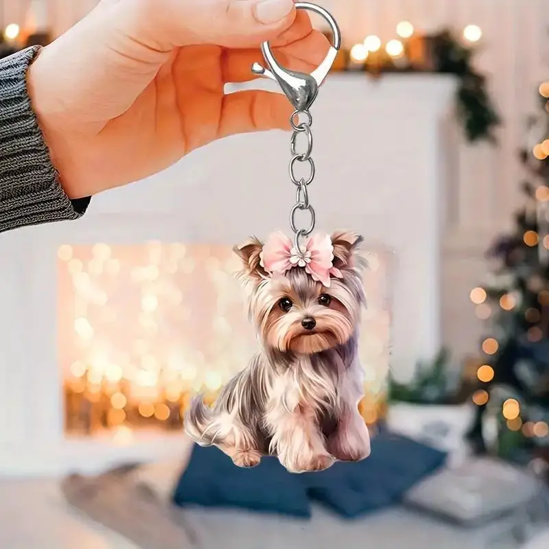 2Pcs Cute Yorkshire Dog Keychain Acrylic Puppy Key Chains Doggy Pets Keyring Backpack Gifts for Dog Lovers Accessories for Wome