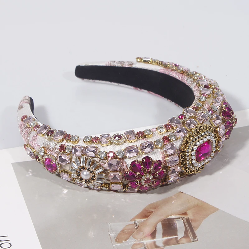 Catwalk Luxury Personality Pink Color Rhinestone Headband New Baroque Fashion Crystal Beads Headband For Women Wholesale