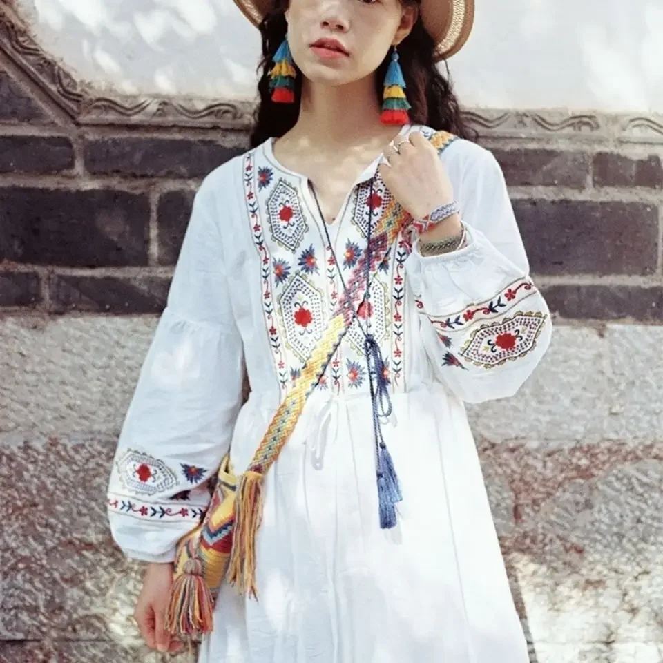 화이트 스커트 홀리데이 드레스 슈퍼 페어리 여행 여성용 신상 에스닉 스타일 롱 스커트 자수 코튼 린넨